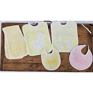 Vtg Lot of Baby Bibs Burp Cloth RN Custom Made in Spain Yellow Pink Lamb Cat Dog